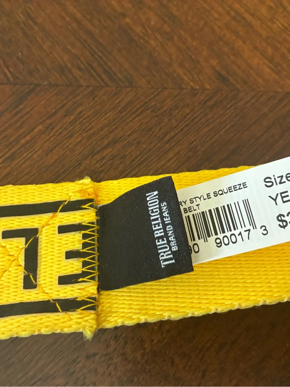 True Religion Yellow Logo Military Style Squeeze Clasp Belt Seatbelt Mens M/L